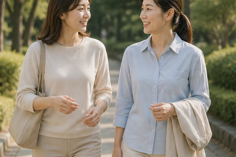 야외 산책길에서 서로 바라보며 웃는 두 여성