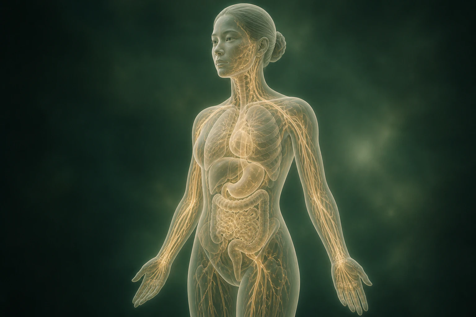 접촉성피부염과 관련된 물질의 흐름을 전신 맥락에서 보여 주는 반투명 3D 의료 렌더