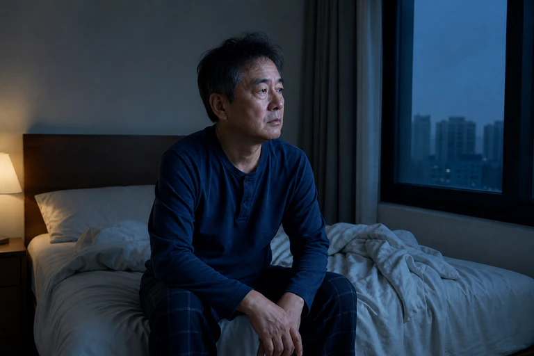 푸른 새벽 침대 가장자리에 앉아 다시 잠들지 못하는 한국인 노년 남성