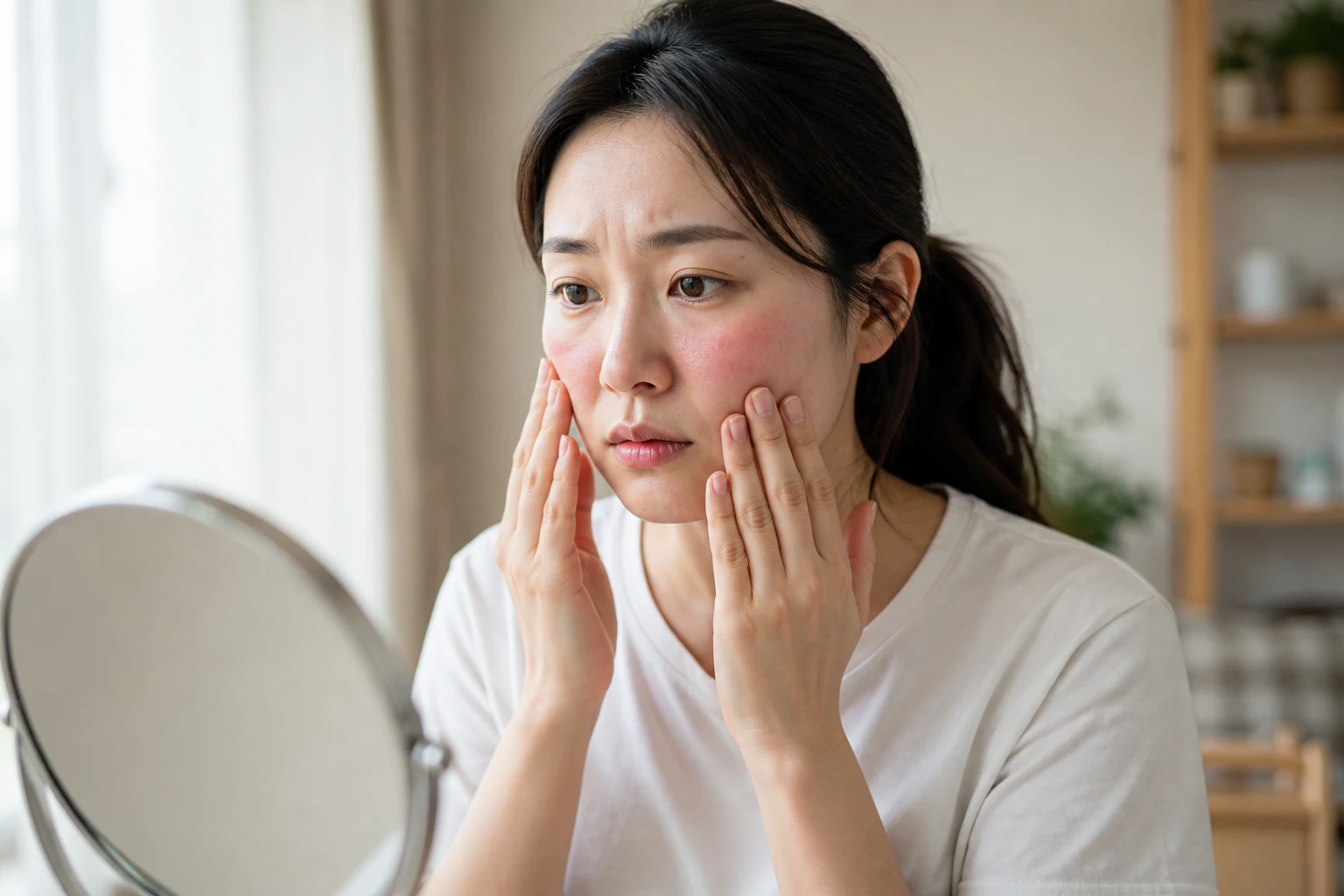 주사피부염 증상 때문에 일상에서 불편을 겪는 환자 장면