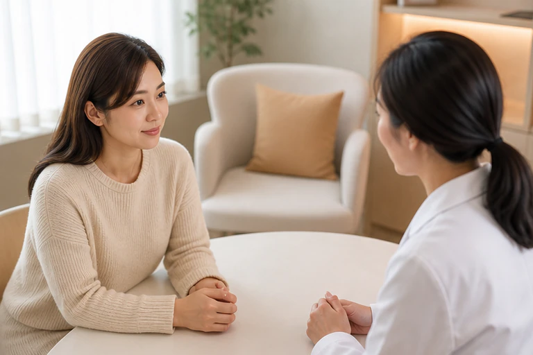 둥근 테이블에서 의료진과 마주 앉아 상담하는 여성