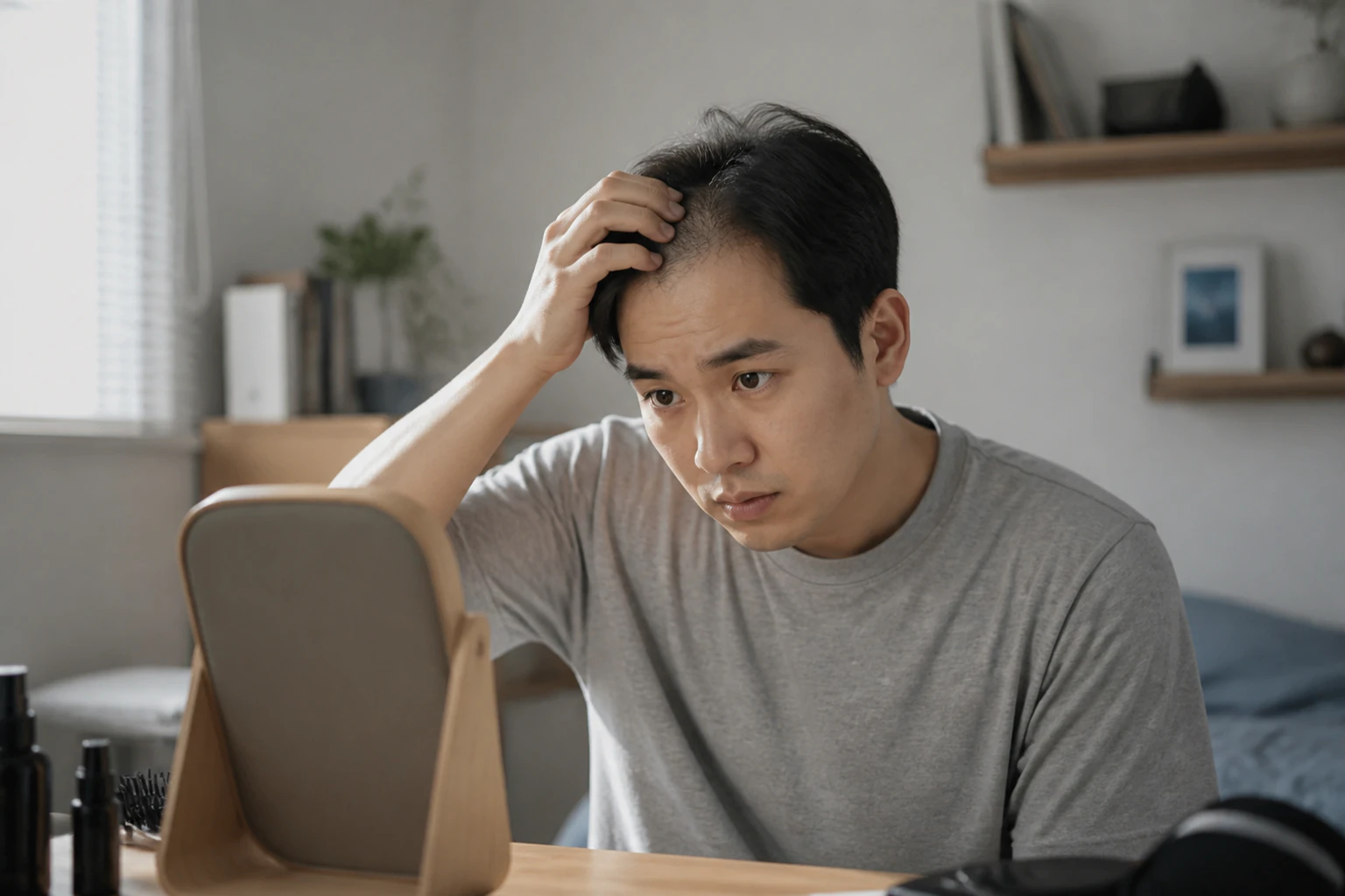 남성형 탈모 증상 때문에 일상에서 불편을 겪는 환자 장면