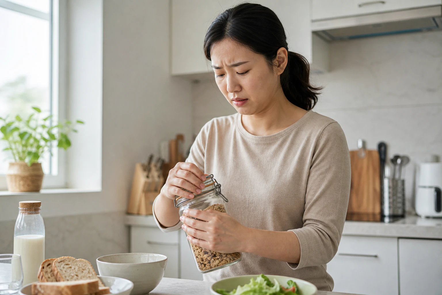 아침 준비 중 손가락의 한포진 때문에 유리병을 열다 멈춘 환자