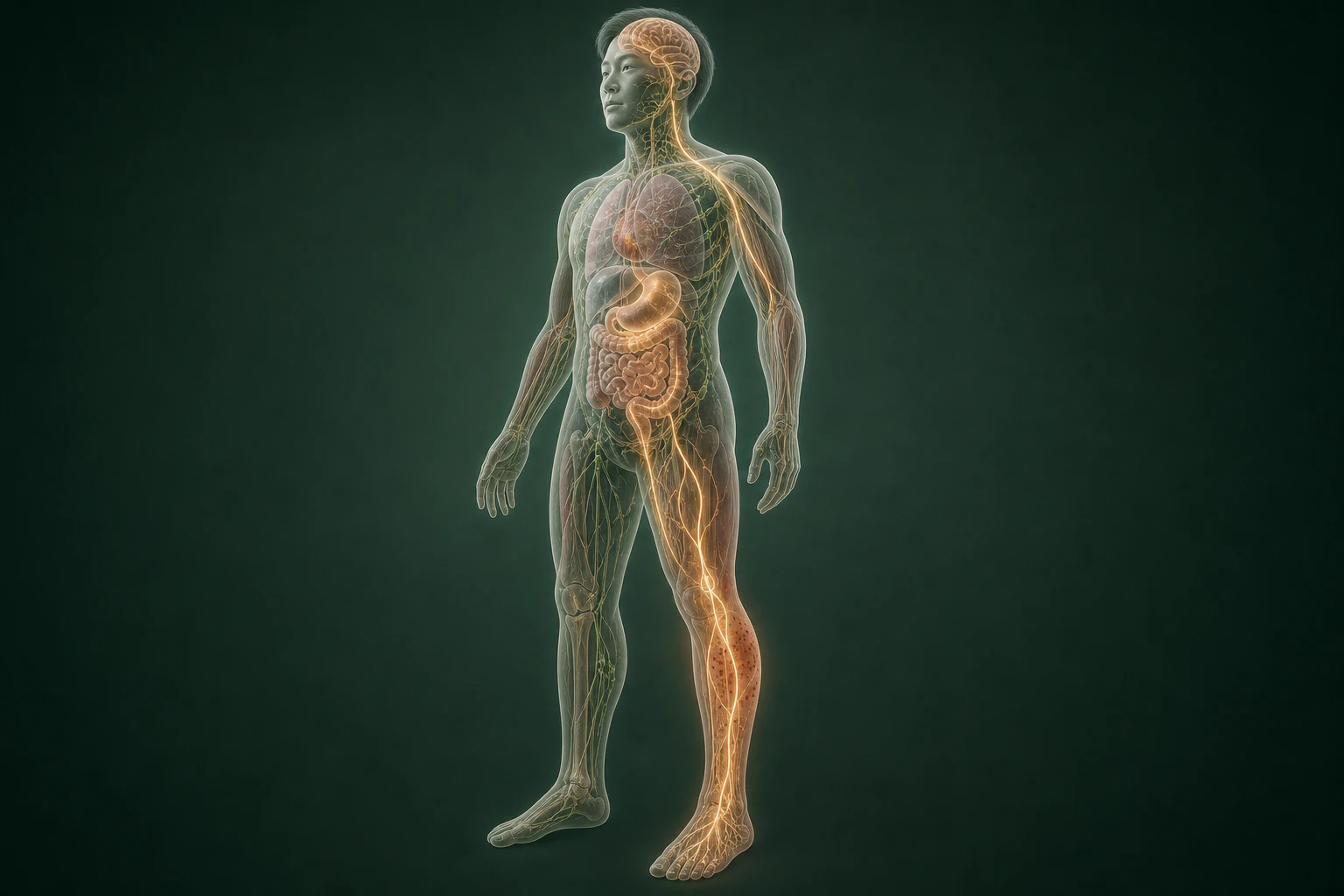알레르기성 자반증의 전신 순환치료 구성을 연결해 보여 주는 반투명 3D 의료 렌더
