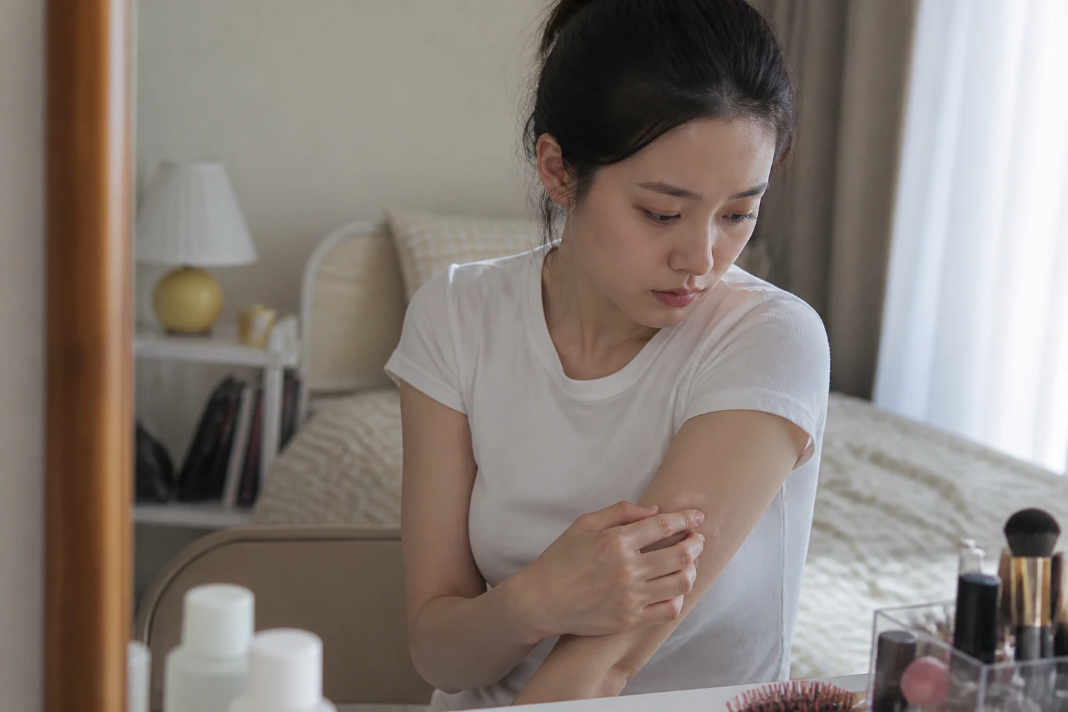 백반증 증상 때문에 일상에서 불편을 겪는 환자 장면