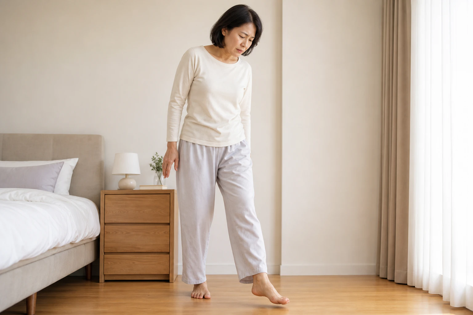 침대 옆에 서서 한쪽 뒤꿈치를 든 채 발을 내려다보는 성인