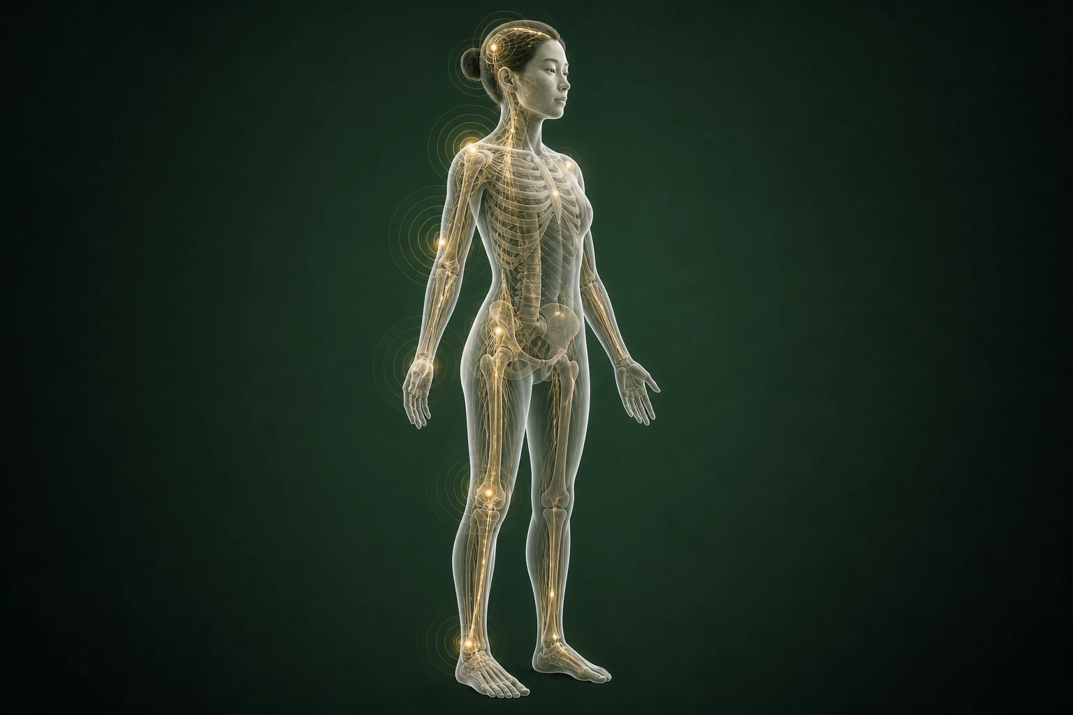 기타 탈모와 관련된 구조의 흐름을 전신 맥락에서 보여 주는 반투명 3D 의료 렌더