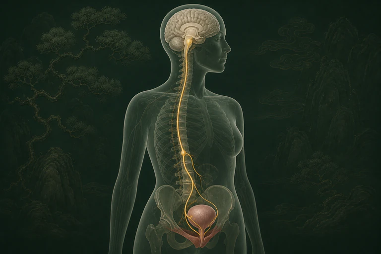 뇌·척수·골반 신경·방광을 잇는 신경 경로를 표시한 인체 도식