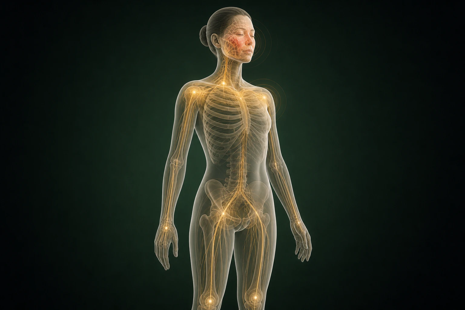 안면홍조와 관련된 구조의 흐름을 전신 맥락에서 보여 주는 반투명 3D 의료 렌더