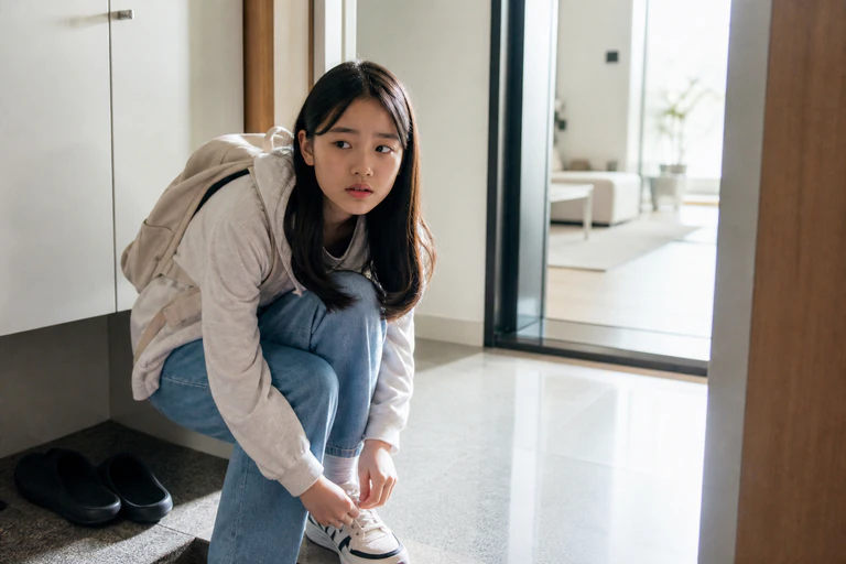 등교 준비 중 반복되는 아랫배 경련으로 현관에서 멈춘 한국인 여아