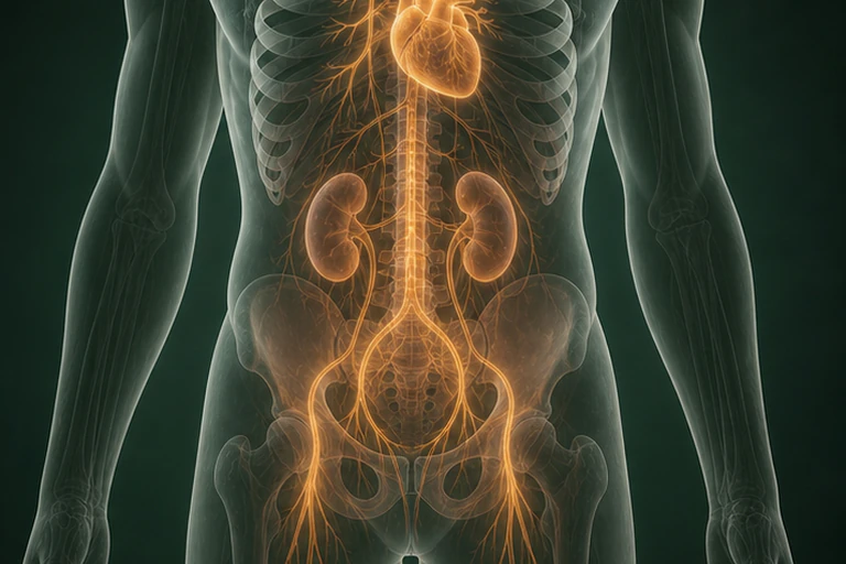 반투명 인체 안에 심장과 복부·골반 혈관을 보여 주는 의료 이미지
