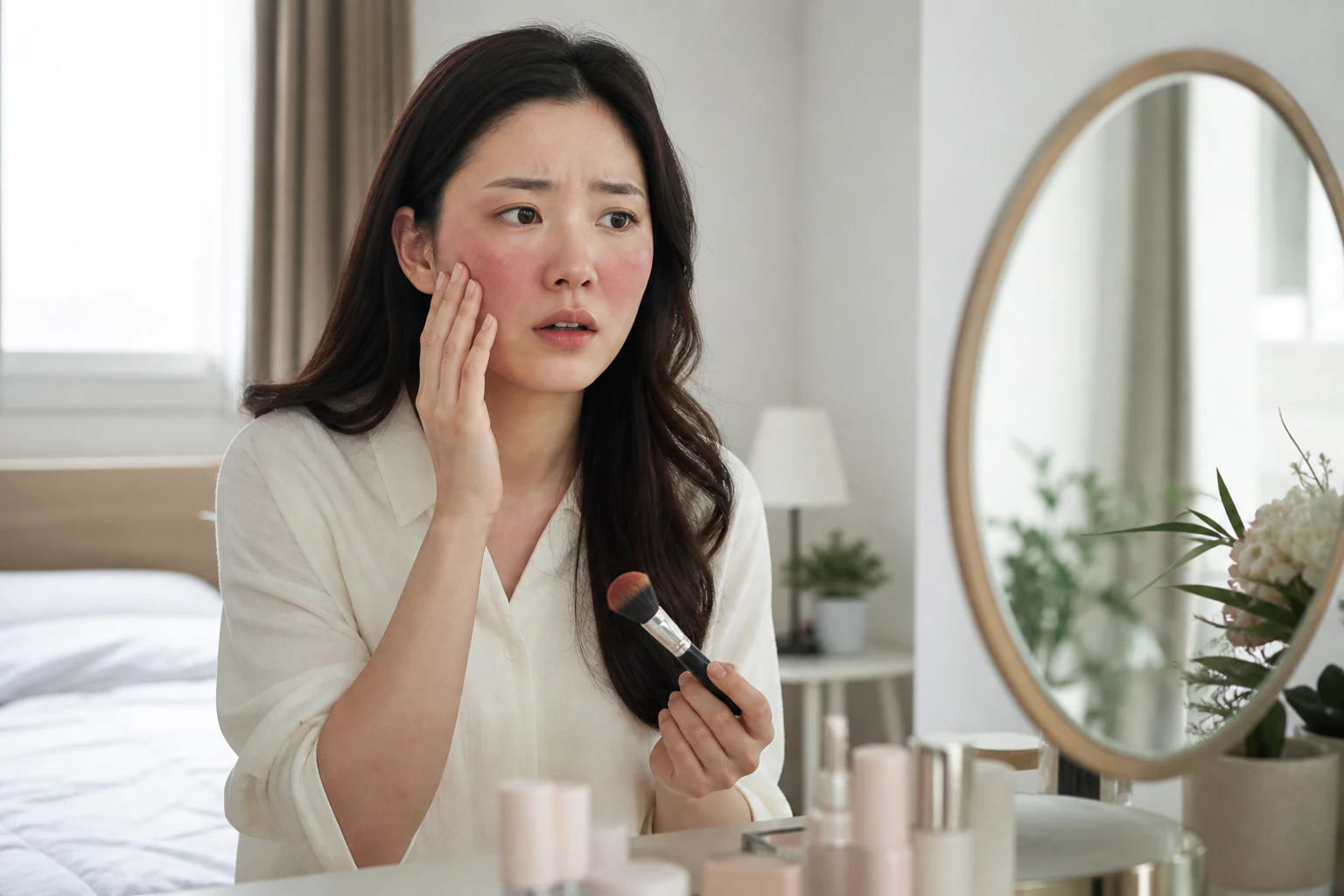 출근 화장을 하다 볼의 주사피부염이 화끈거려 화장솔을 멈춘 환자