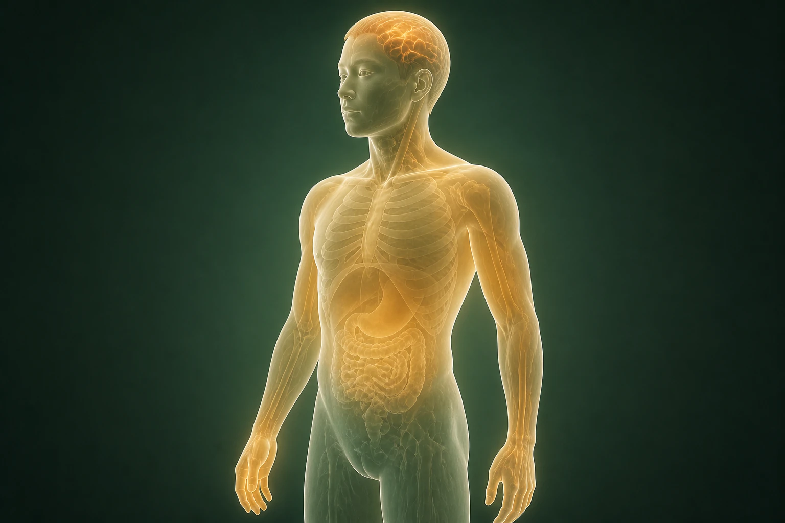 남성형 탈모와 관련된 열의 흐름을 전신 맥락에서 보여 주는 반투명 3D 의료 렌더