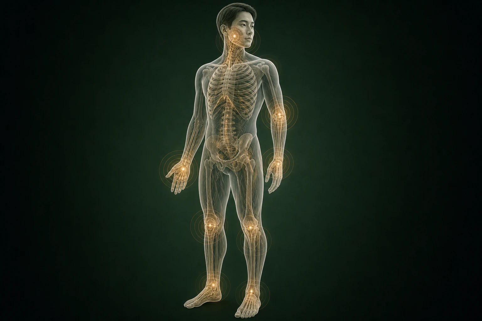피부염과 관련된 구조의 흐름을 전신 맥락에서 보여 주는 반투명 3D 의료 렌더