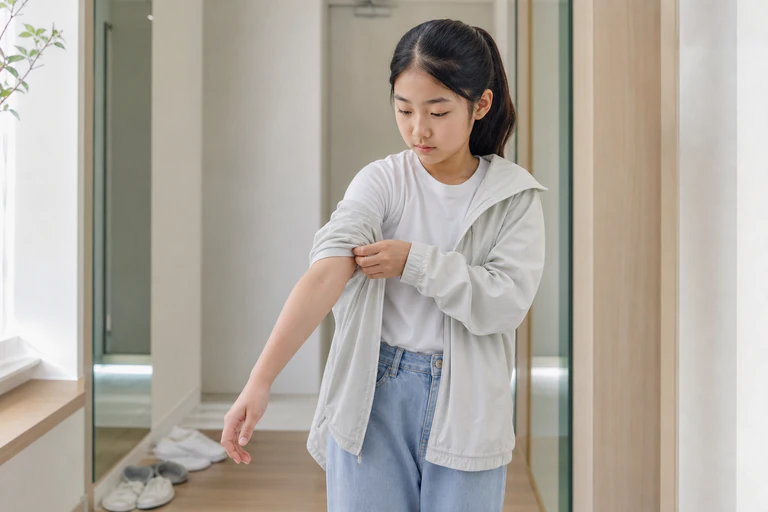 외출 준비 중 팔꿈치 피부 불편으로 소매를 조심스럽게 정리하는 한국인 여아