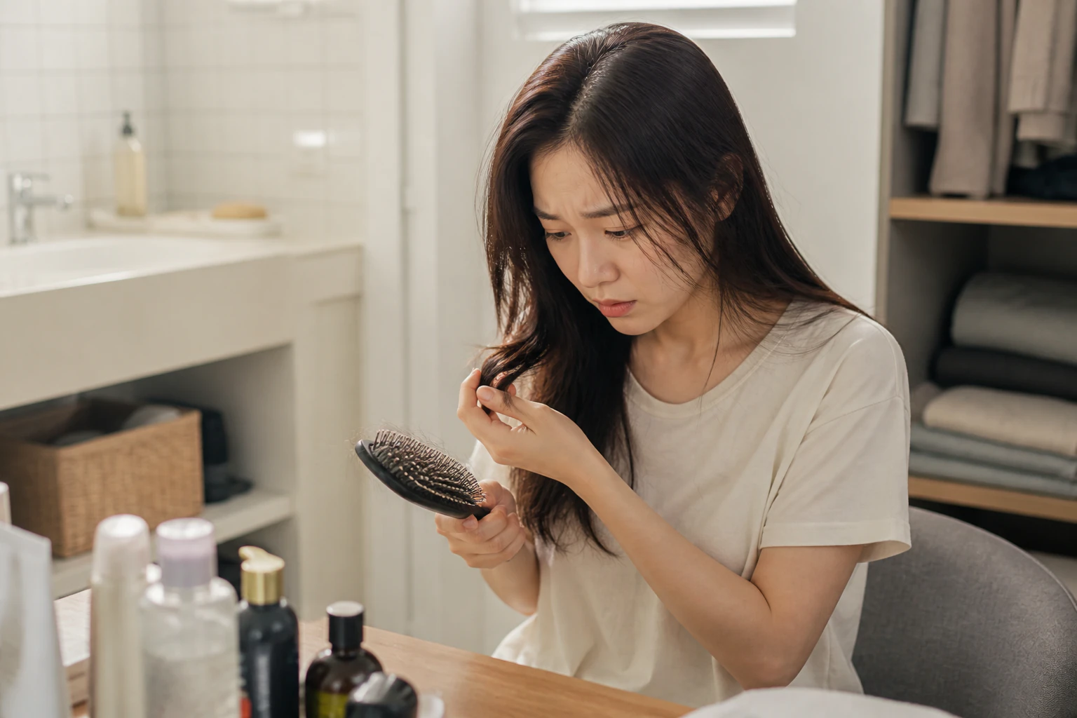 다이어트후탈모 증상 때문에 일상에서 불편을 겪는 환자 장면