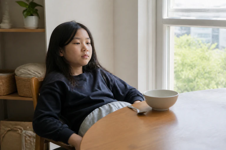 묽은 죽을 조금 먹은 뒤 창가 의자에서 기운 없이 쉬는 한국인 여아