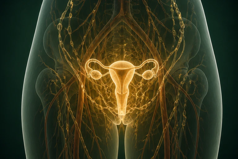 성교통 물질의 흐름을 설명하는 자궁과 난소 주변의 혈액과 림프가 골반 안에서 순환하는 모습을 보여 주는 의학 이미지