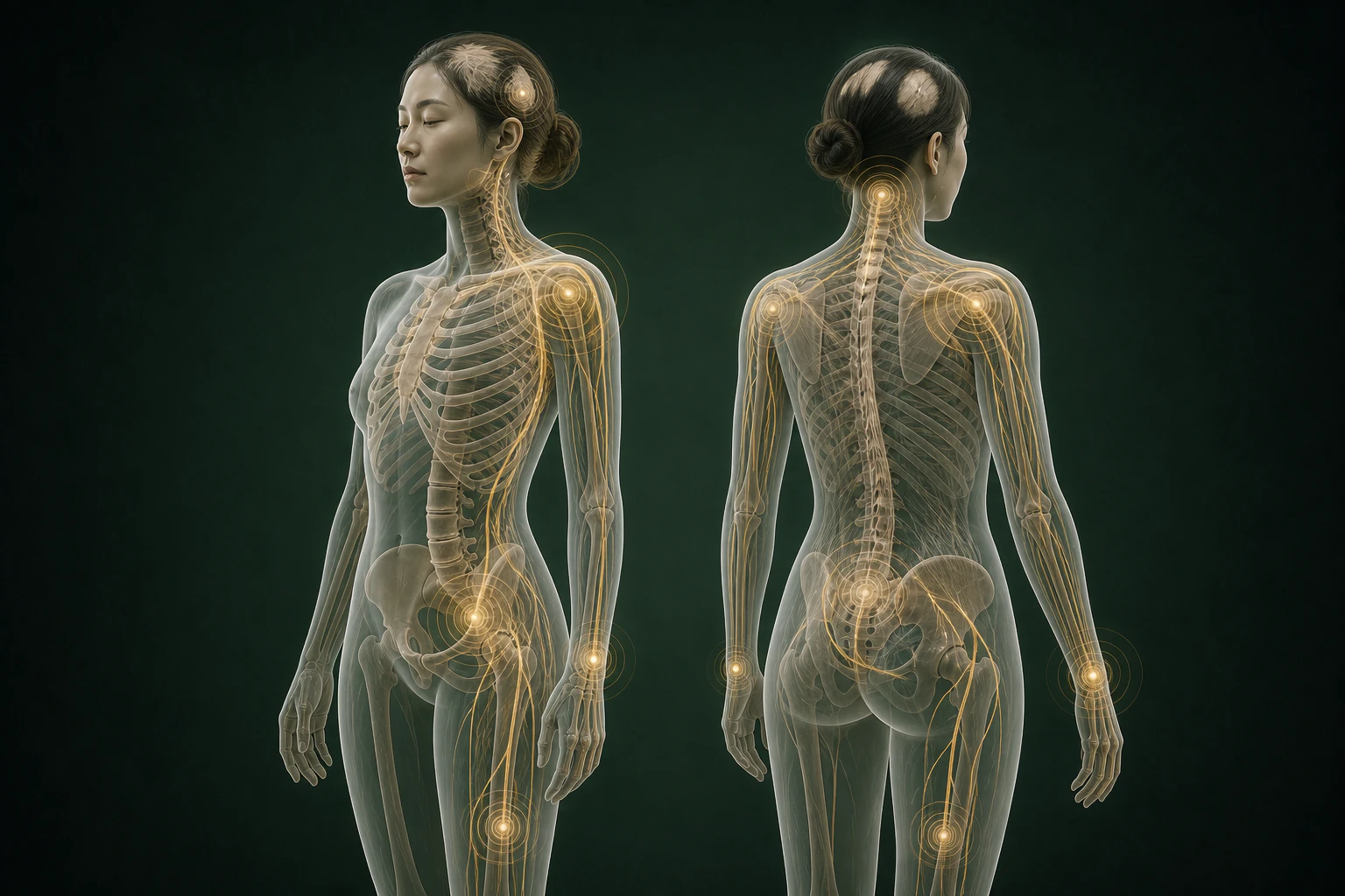 원형탈모와 관련된 구조의 흐름을 전신 맥락에서 보여 주는 반투명 3D 의료 렌더