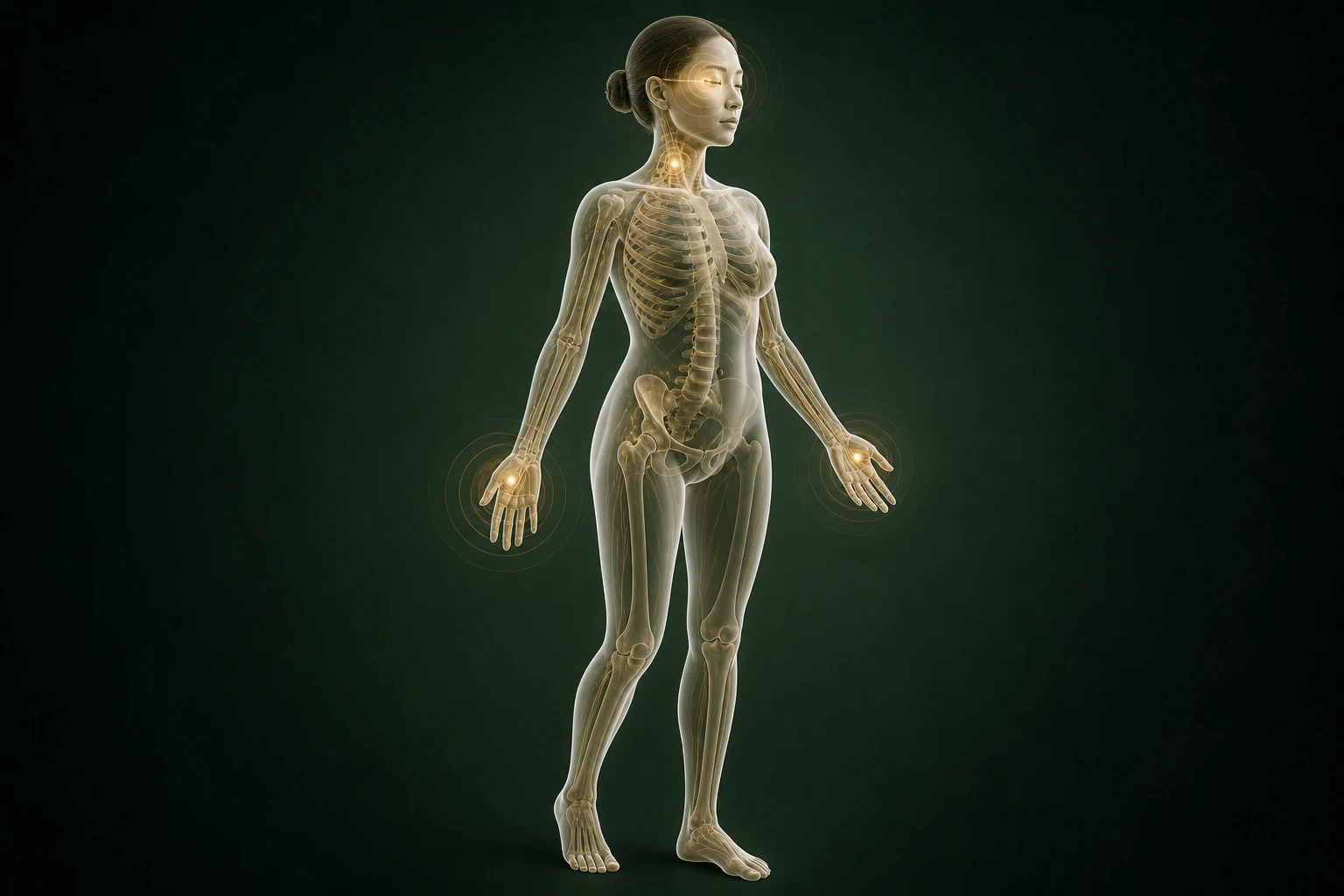 접촉성피부염과 관련된 구조의 흐름을 전신 맥락에서 보여 주는 반투명 3D 의료 렌더