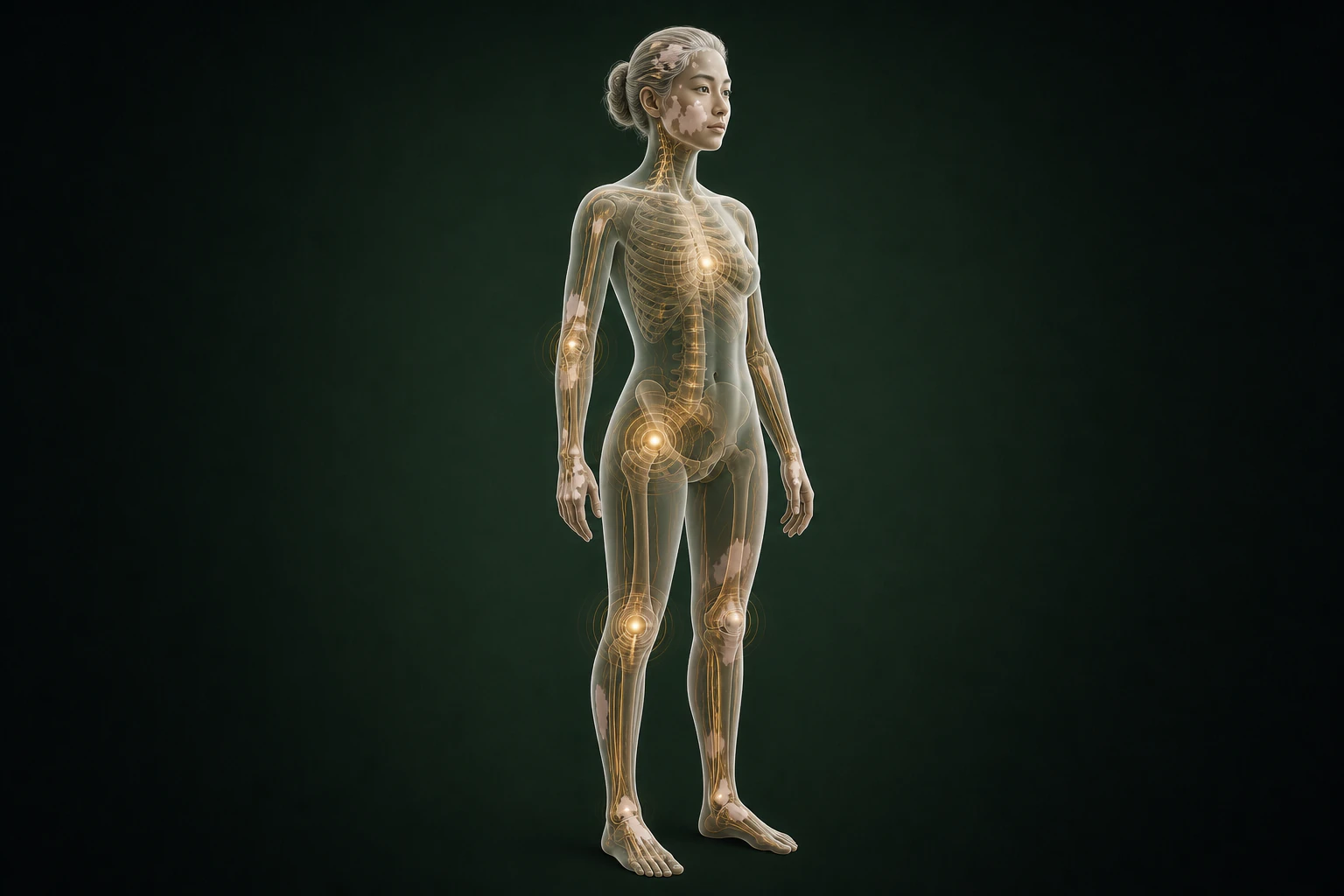 백반증과 관련된 구조의 흐름을 전신 맥락에서 보여 주는 반투명 3D 의료 렌더