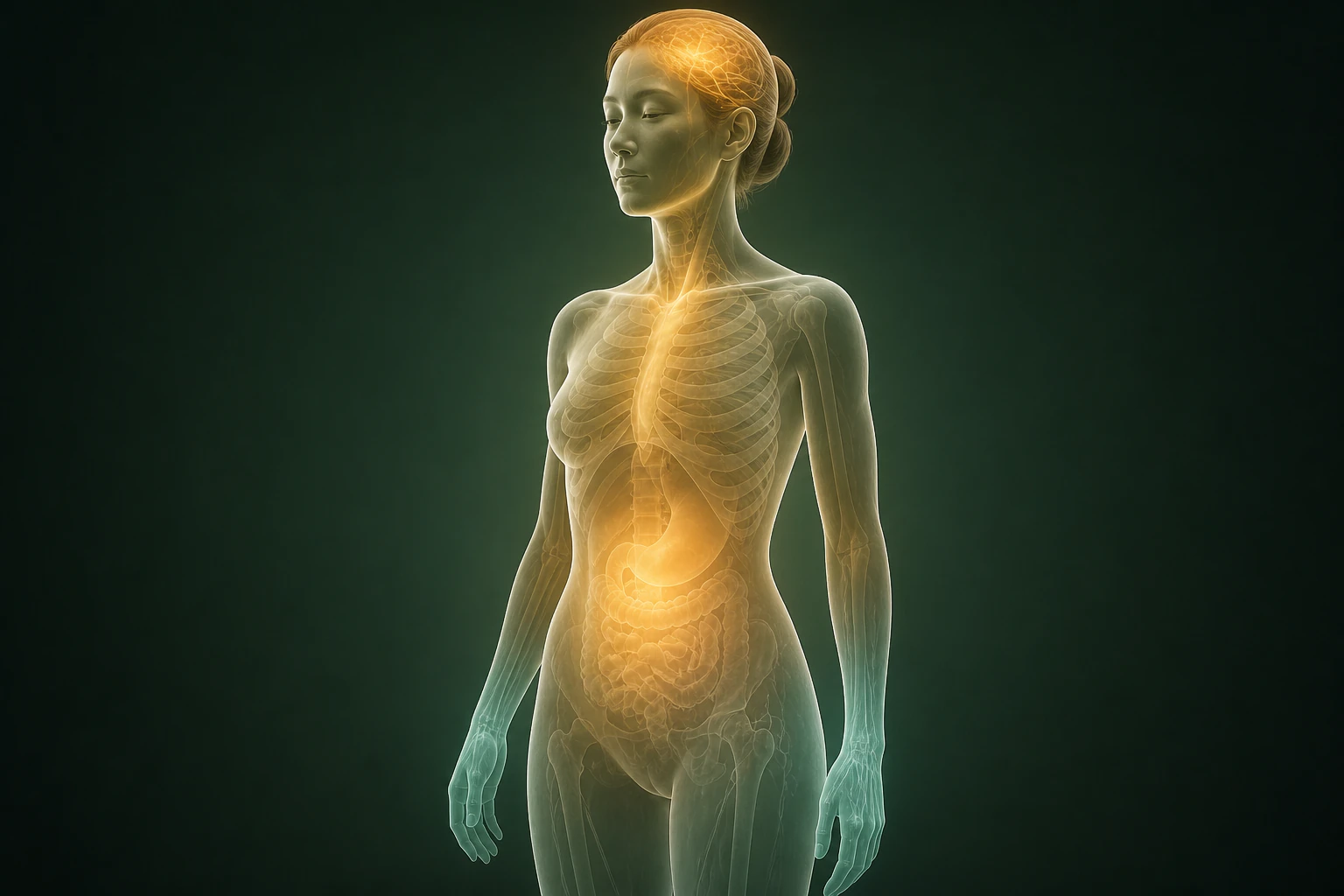 여성형 탈모와 관련된 열의 흐름을 전신 맥락에서 보여 주는 반투명 3D 의료 렌더
