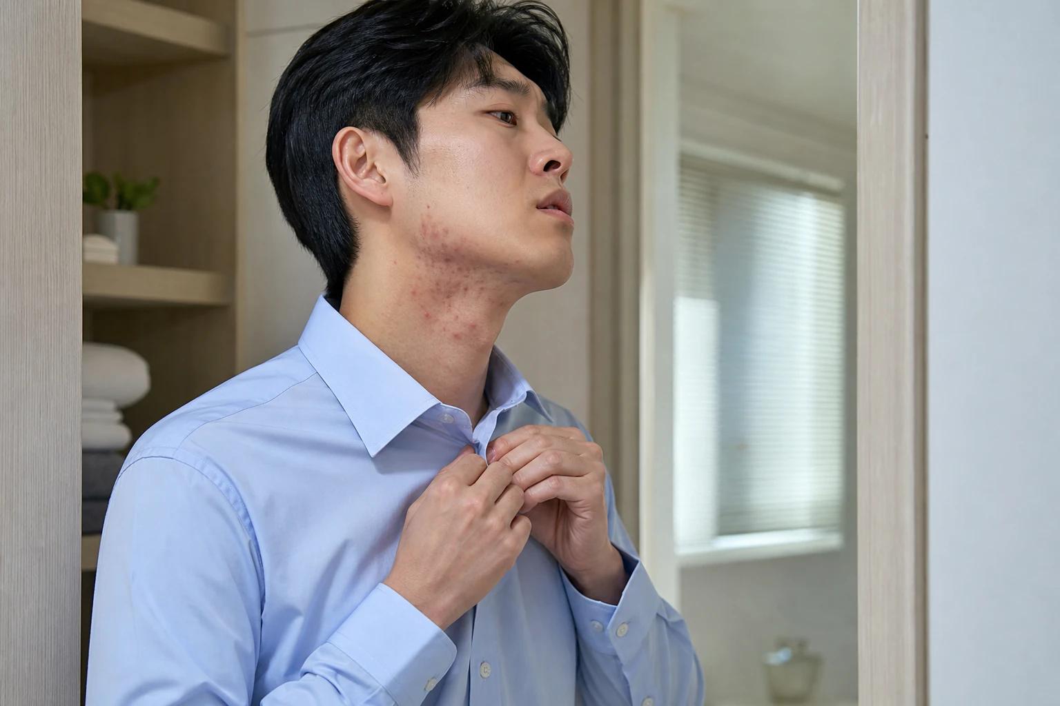 출근 준비 중 목의 모낭염이 셔츠 깃에 닿아 단추를 채우다 멈춘 환자