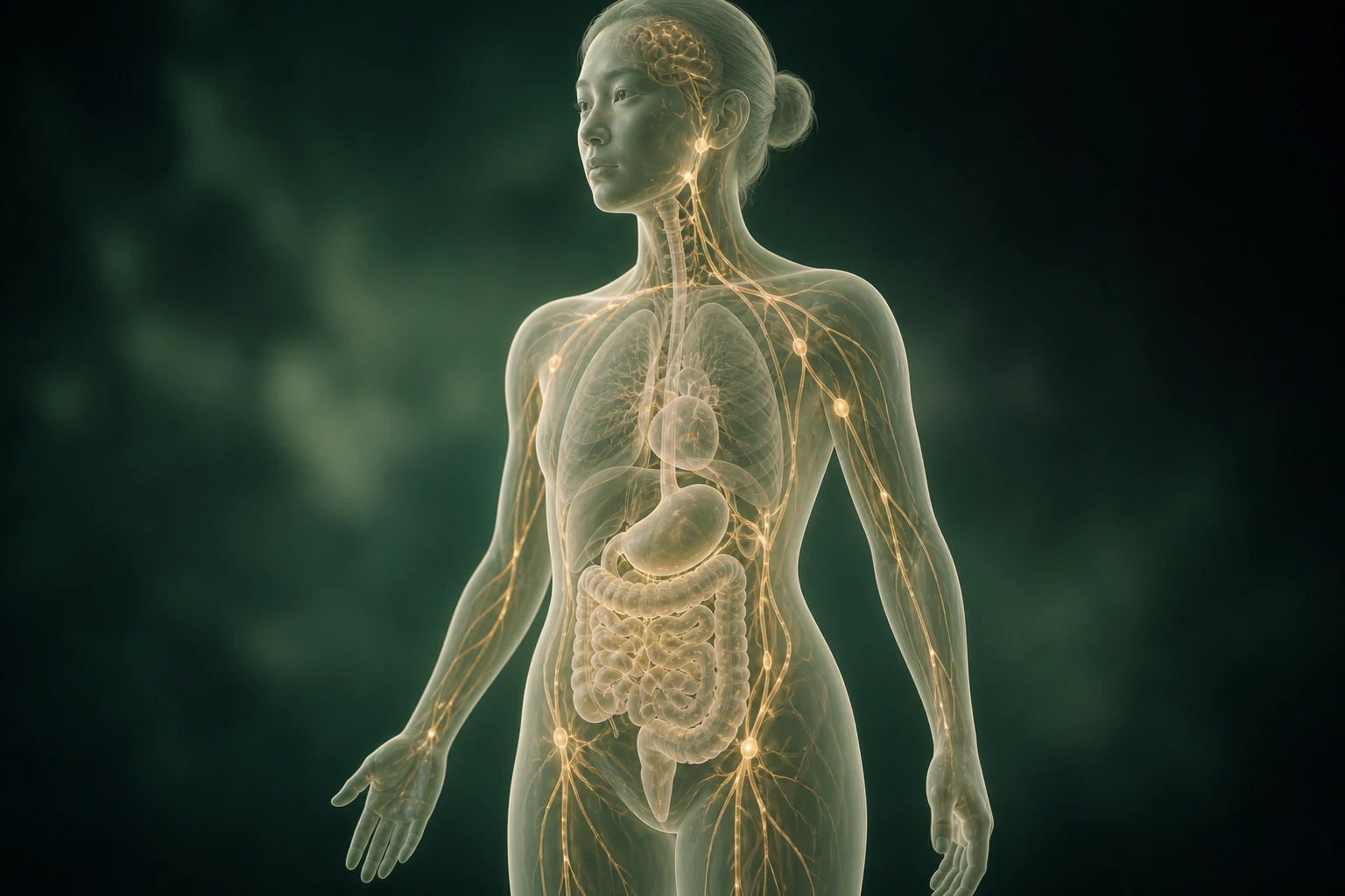 화농성 한선염와 관련된 물질의 흐름을 전신 맥락에서 보여 주는 반투명 3D 의료 렌더