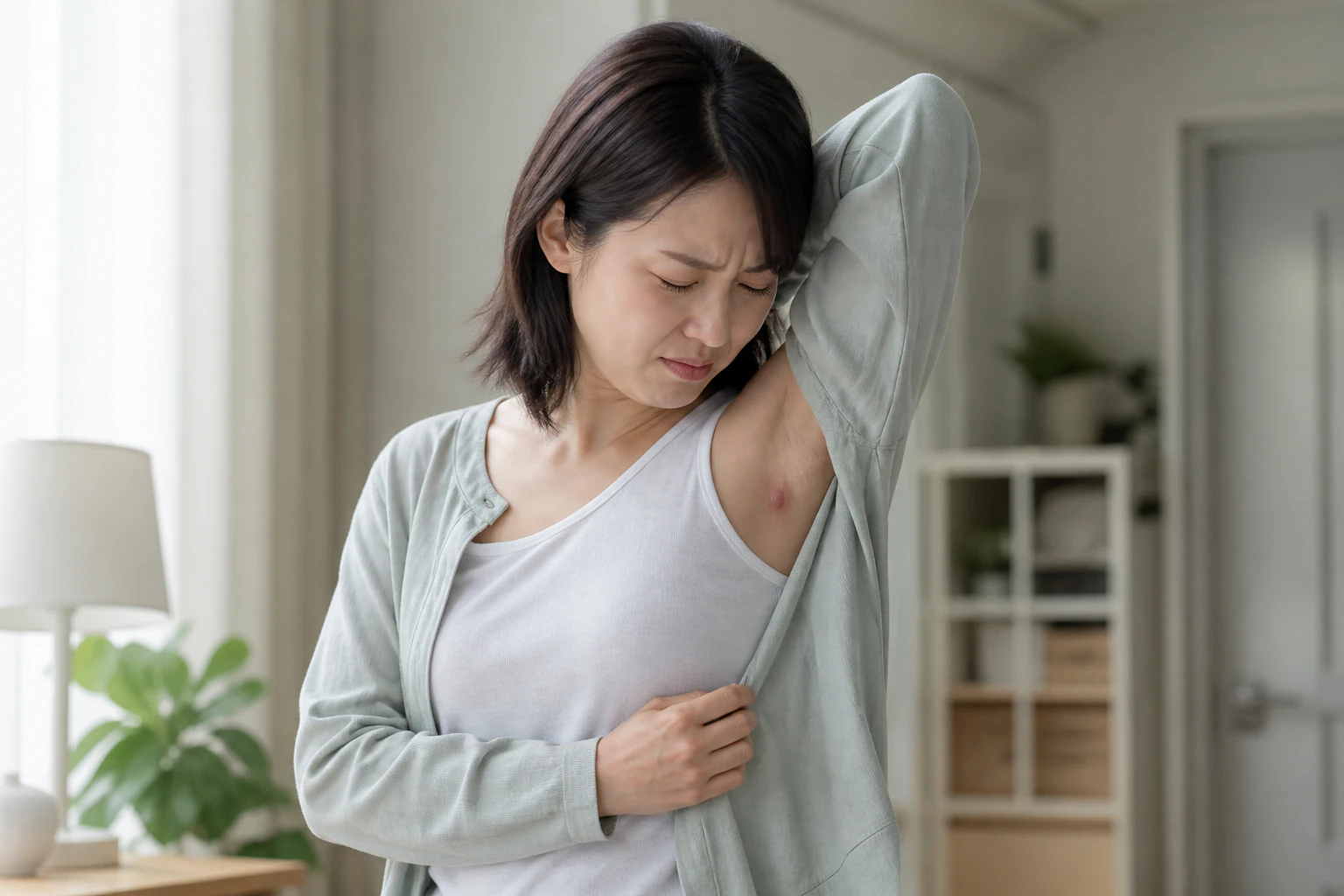 외투를 입다 겨드랑이 화농성 한선염의 통증 때문에 팔을 든 채 멈춘 환자