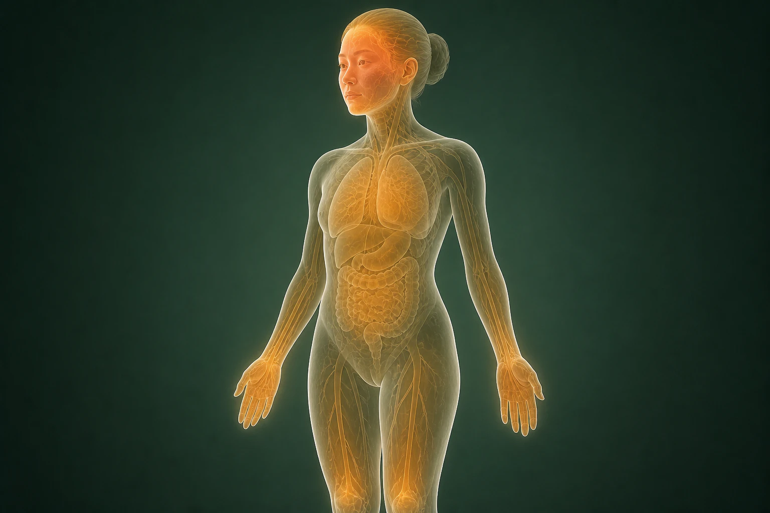 주사피부염과 관련된 열의 흐름을 전신 맥락에서 보여 주는 반투명 3D 의료 렌더