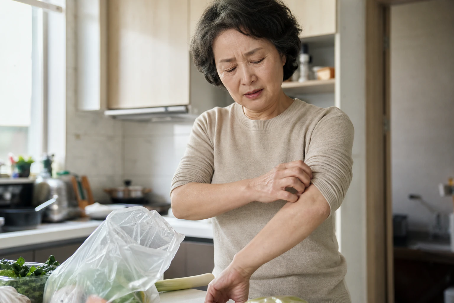 장을 본 물건을 정리하다 계속되는 피부 가려움 때문에 손을 멈춘 환자