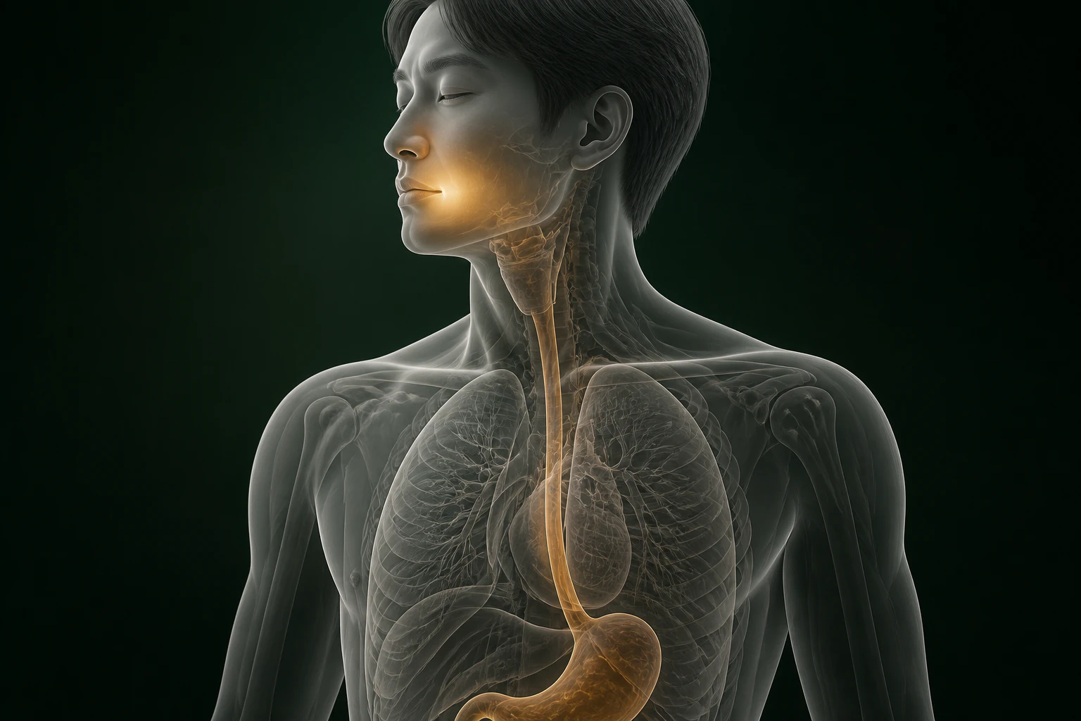 닫힌 입의 반투명 상반신에서 입안의 국소 온감이 목과 몸통의 냉감과 대비되는 설궤양 열 흐름