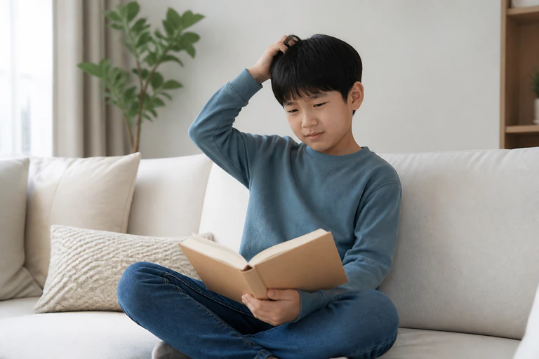 소파에서 책을 읽다 두피 가려움으로 머리를 긁는 한국인 남아