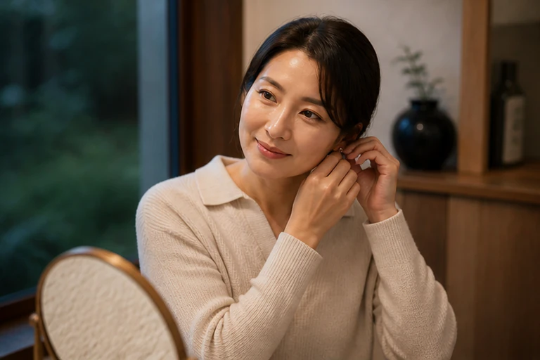거울 앞에서 귀걸이를 착용하는 여성