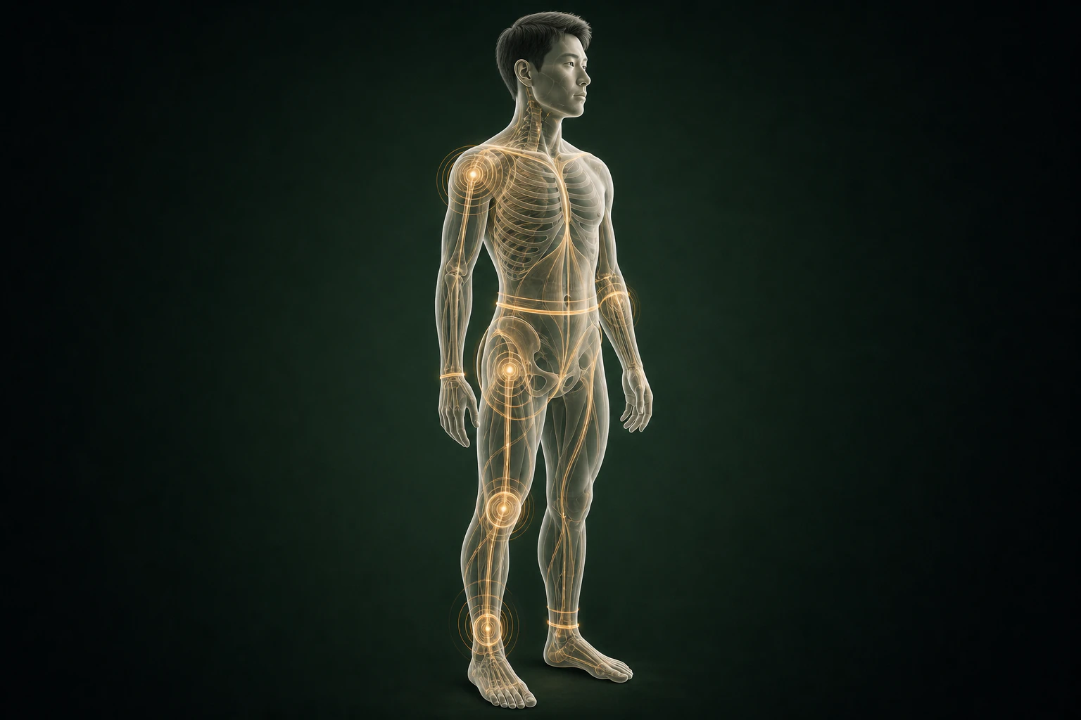 화폐상습진와 관련된 구조의 흐름을 전신 맥락에서 보여 주는 반투명 3D 의료 렌더