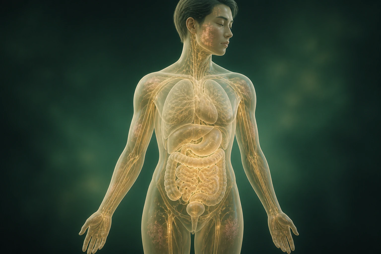 장미색비강진와 관련된 물질의 흐름을 전신 맥락에서 보여 주는 반투명 3D 의료 렌더