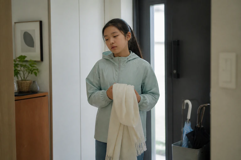 비 오는 아침 현관에서 외투와 목도리를 든 채 지쳐 멈춘 한국인 여아