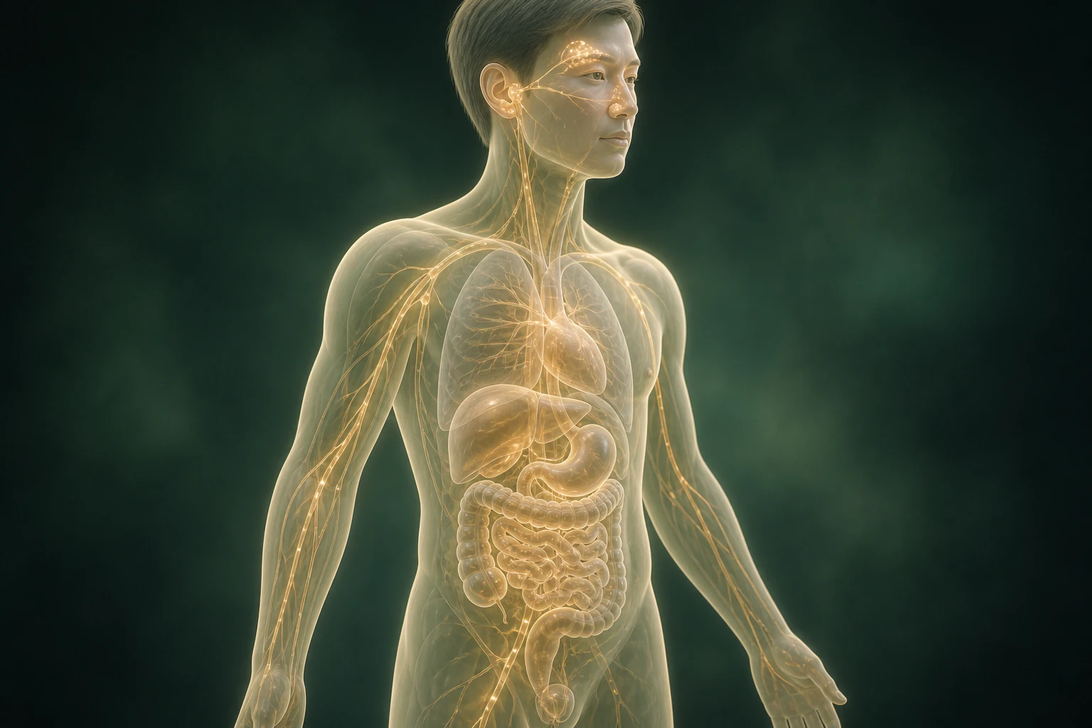 지루성 피부염와 관련된 물질의 흐름을 전신 맥락에서 보여 주는 반투명 3D 의료 렌더