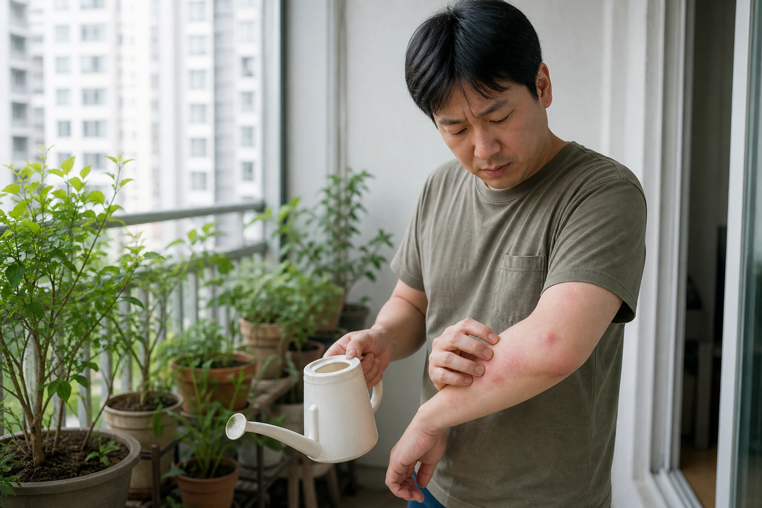화초에 물을 주다 팔의 둥근 화폐상습진이 가려워 멈춘 환자