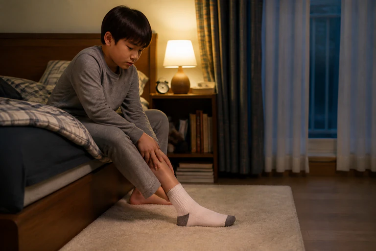 밤 침대 가장자리에 앉아 종아리를 문지르는 한국인 남아