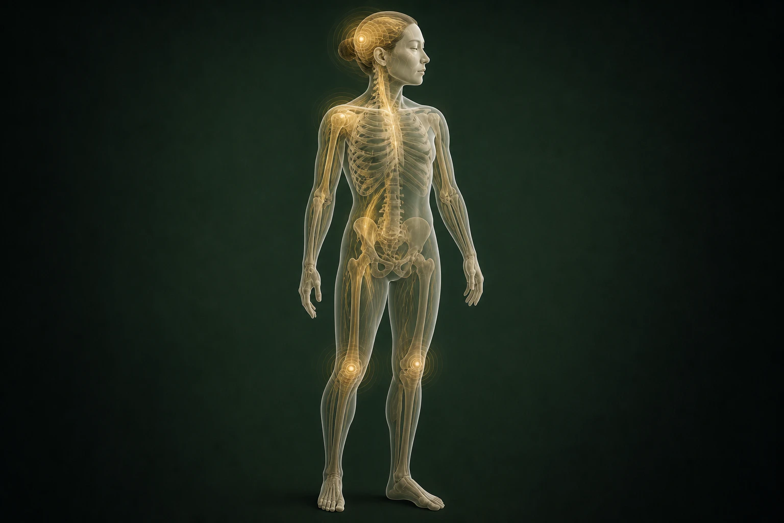 지루성두피염와 관련된 구조의 흐름을 전신 맥락에서 보여 주는 반투명 3D 의료 렌더