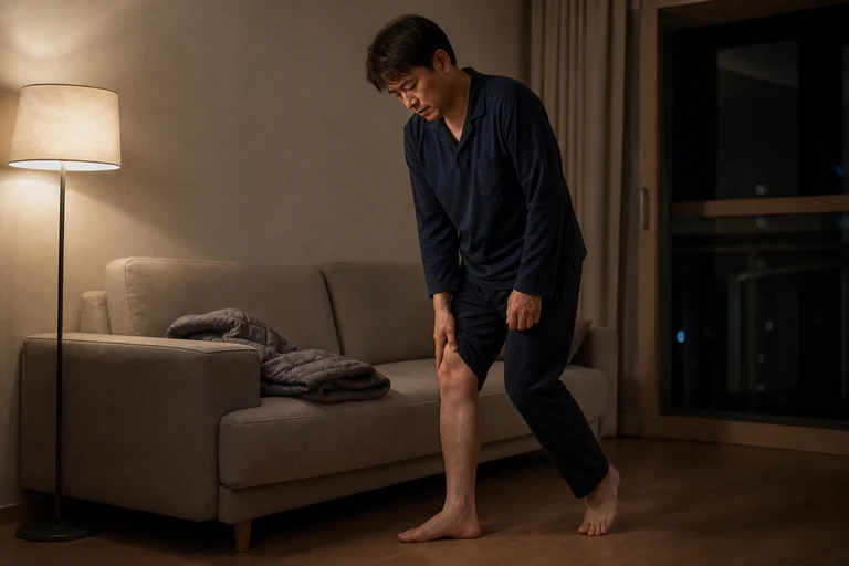 늦은 밤 소파 옆을 서성이며 종아리를 문지르는 한국인 남성