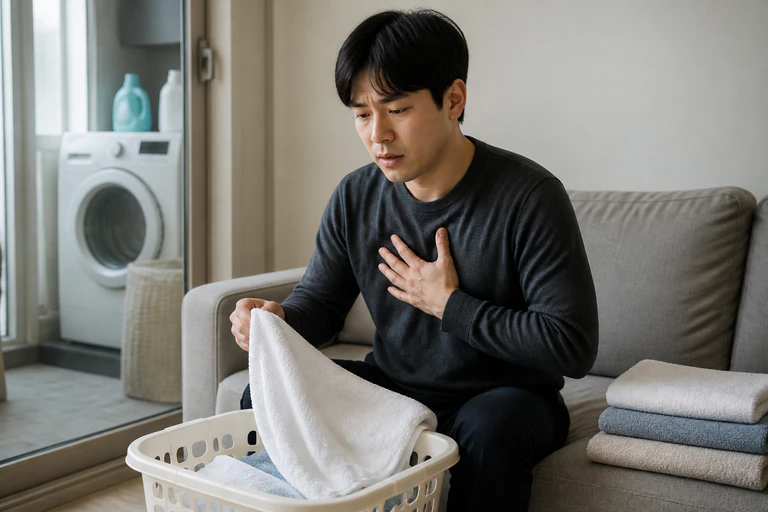 수건을 개다 가슴 불편으로 동작을 멈춘 한국인 남성