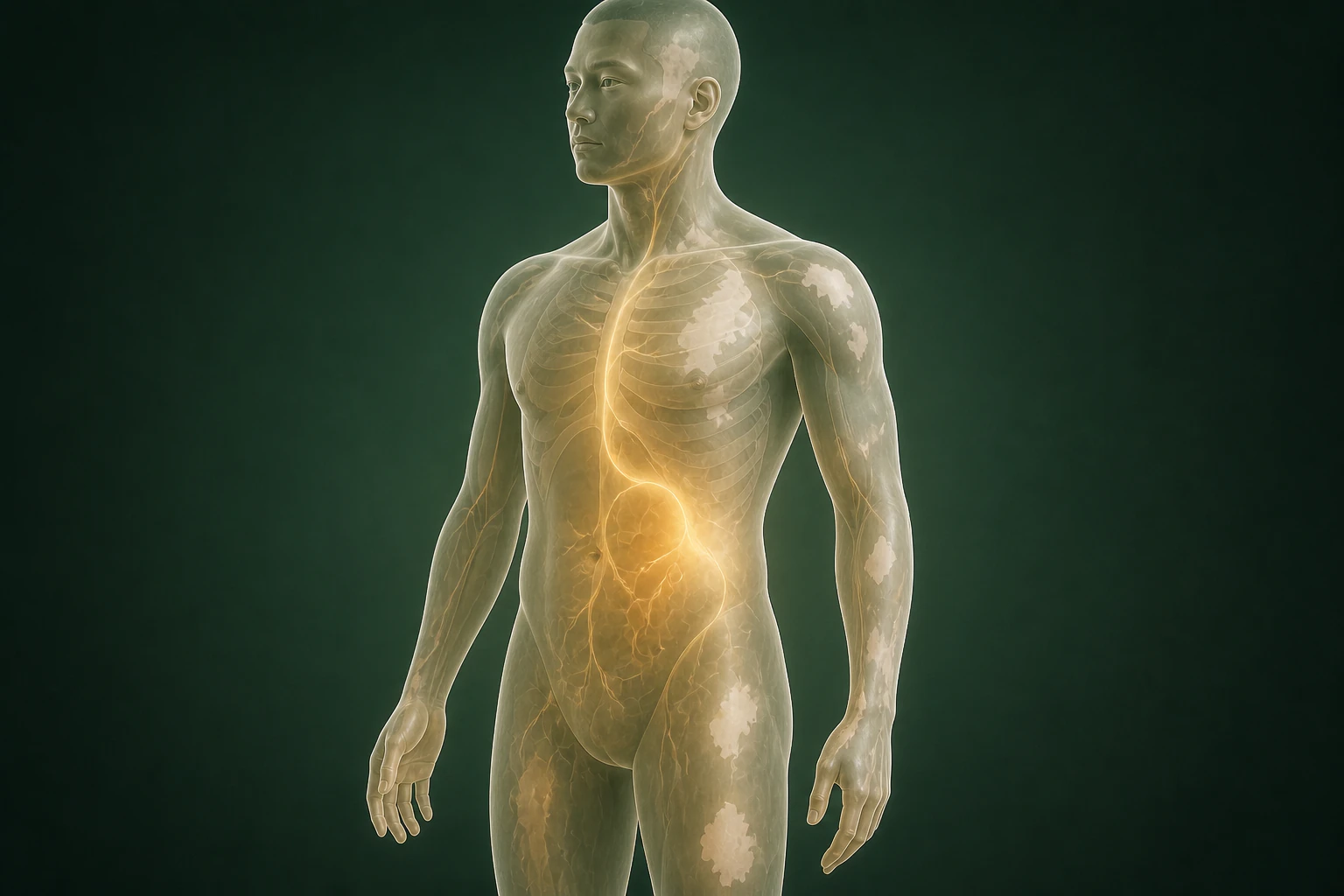 백반증과 관련된 열의 흐름을 전신 맥락에서 보여 주는 반투명 3D 의료 렌더