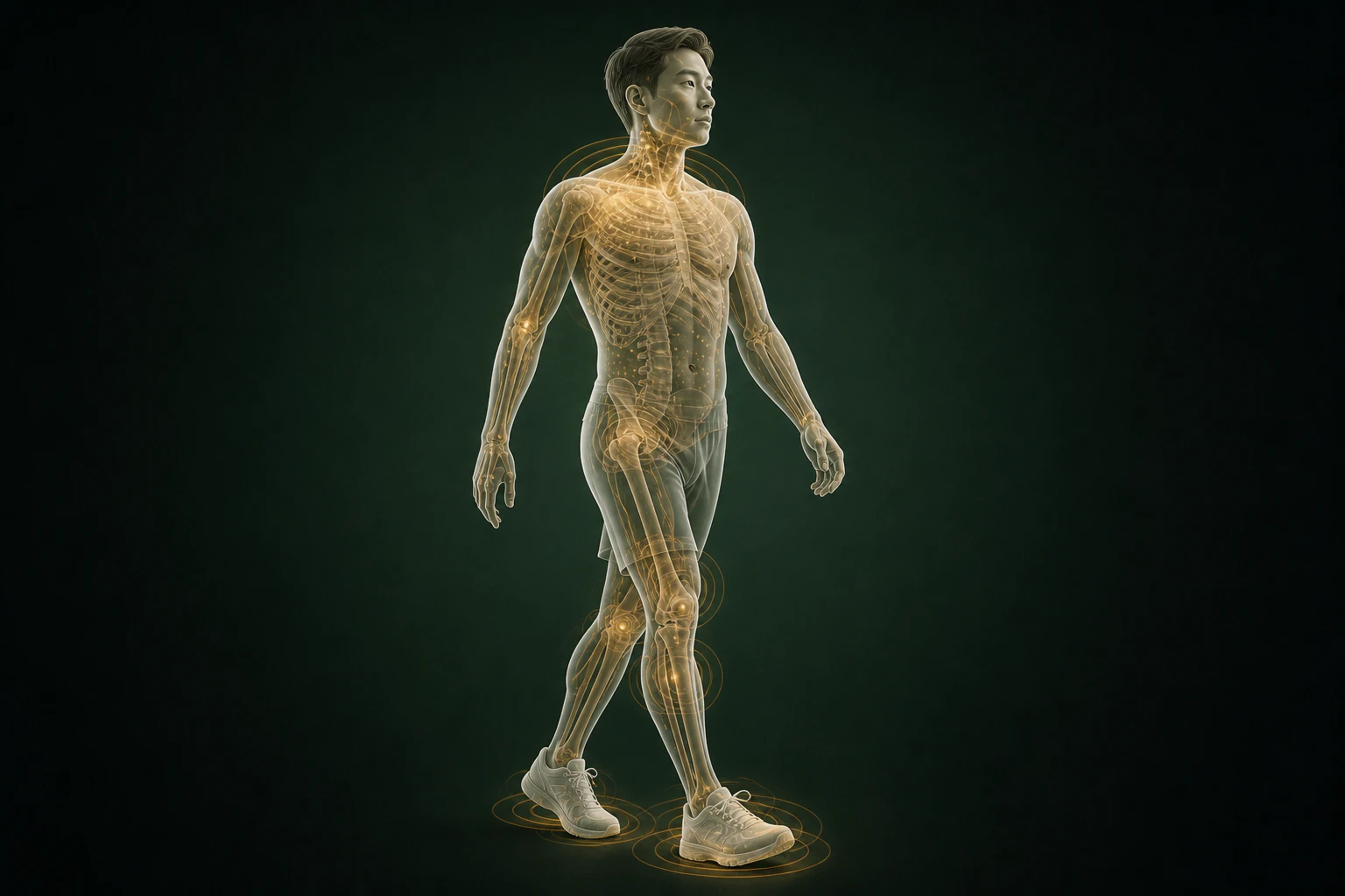 콜린성두드러기와 관련된 구조의 흐름을 전신 맥락에서 보여 주는 반투명 3D 의료 렌더