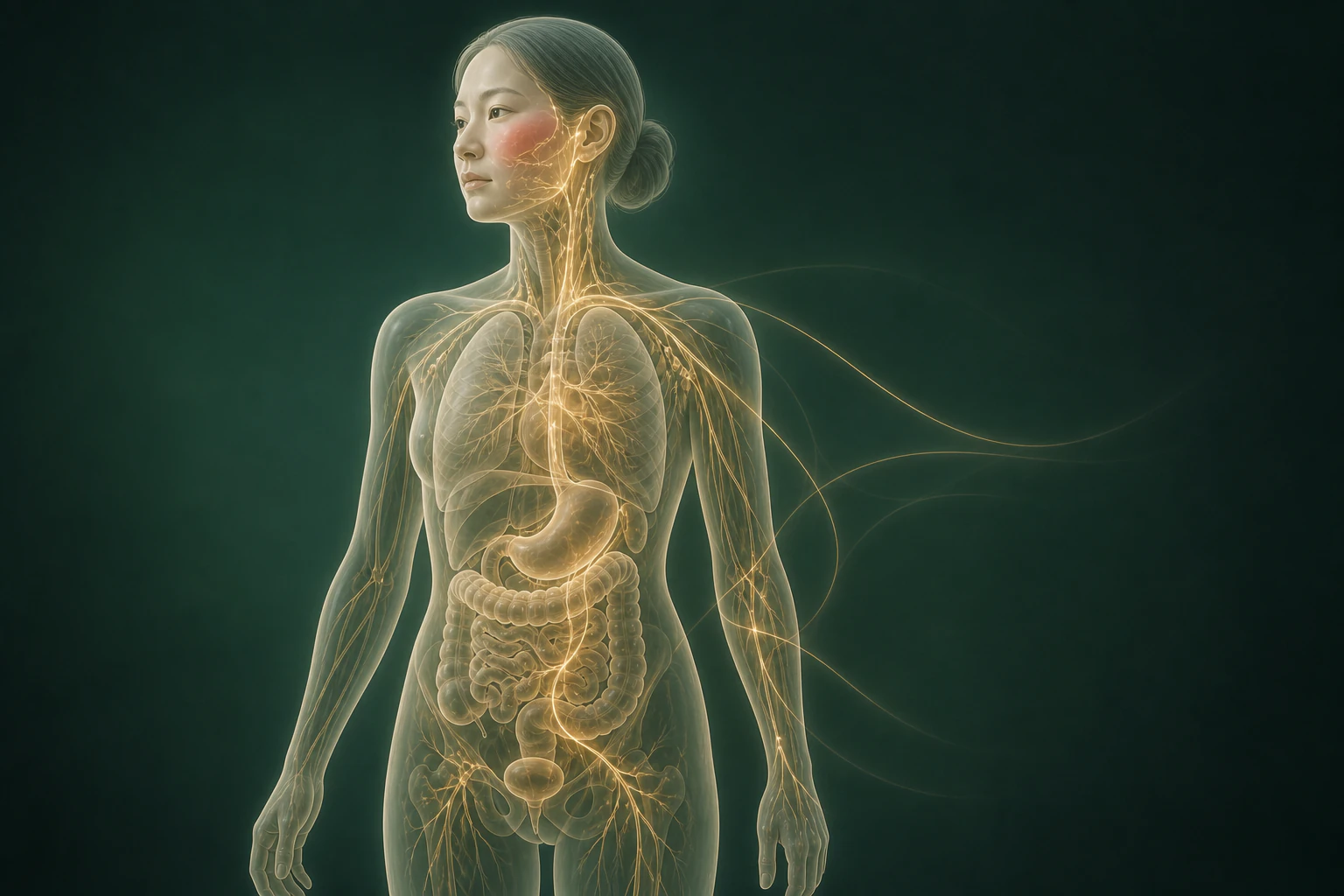주사피부염과 관련된 물질의 흐름을 전신 맥락에서 보여 주는 반투명 3D 의료 렌더