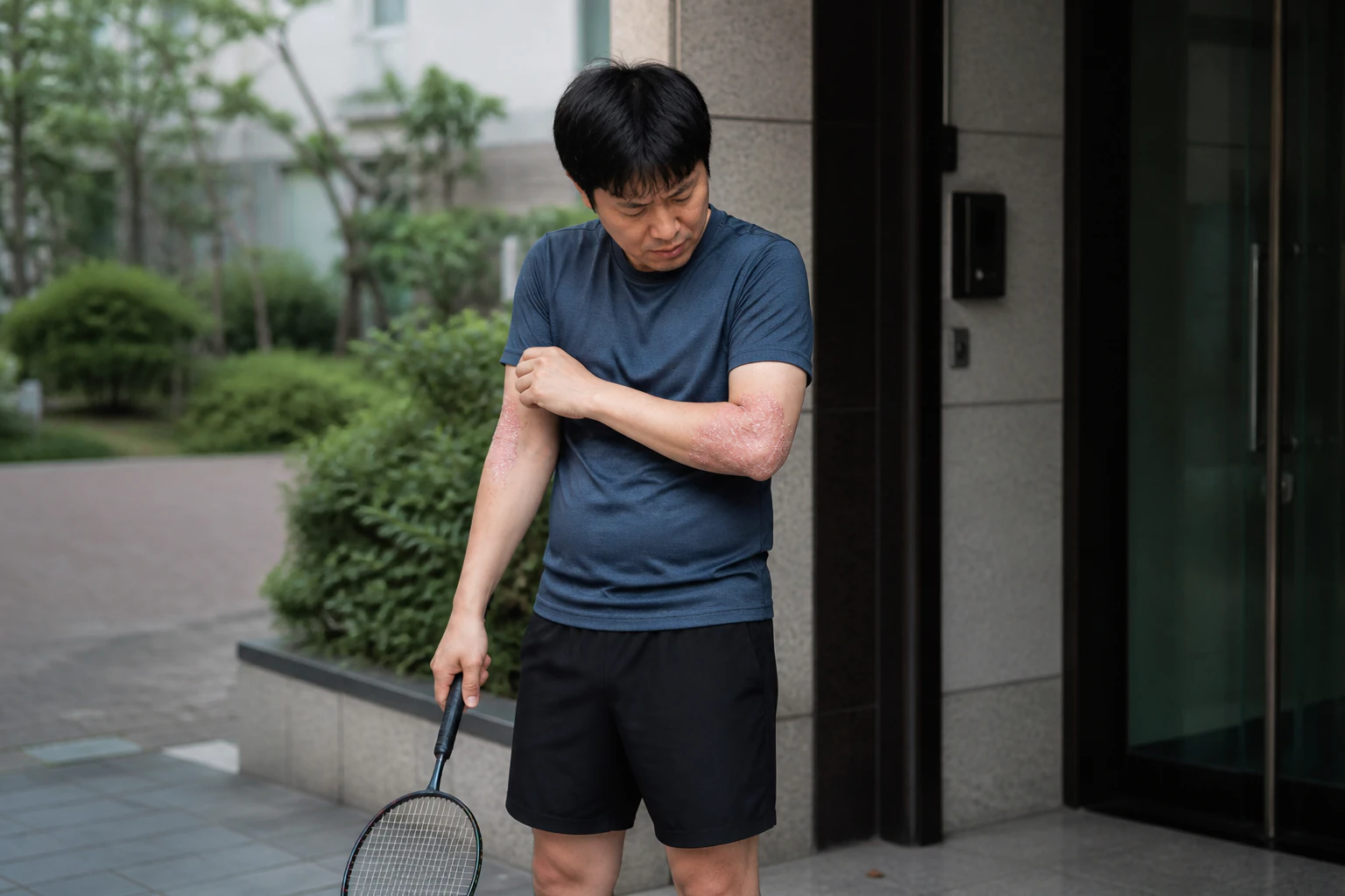 배드민턴을 하러 나서다 팔꿈치 건선의 갈라짐과 통증 때문에 멈춘 환자