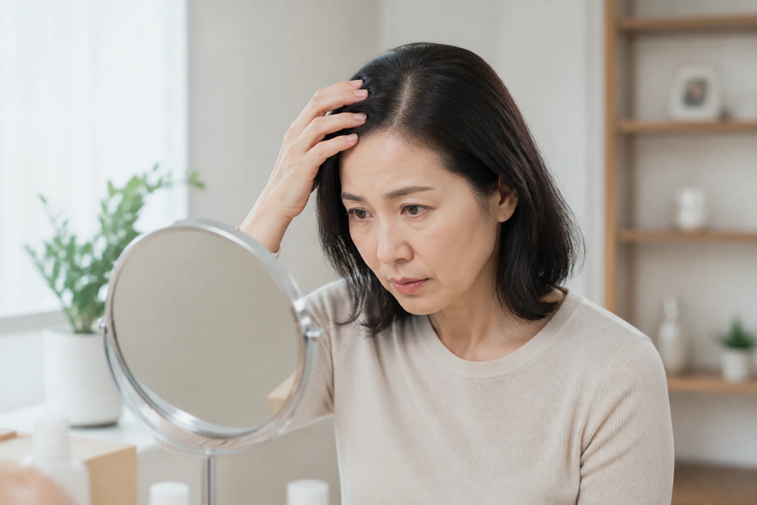 갱년기탈모 증상 때문에 일상에서 불편을 겪는 환자 장면