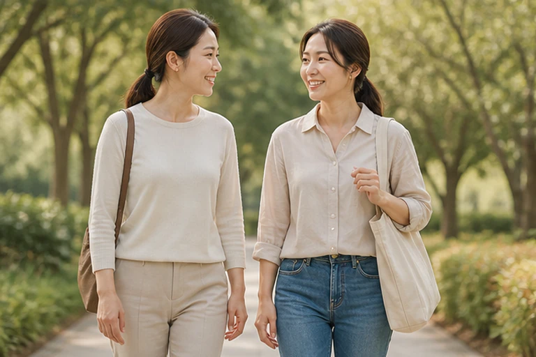 나무가 있는 산책로에서 서로 웃으며 걷는 두 여성