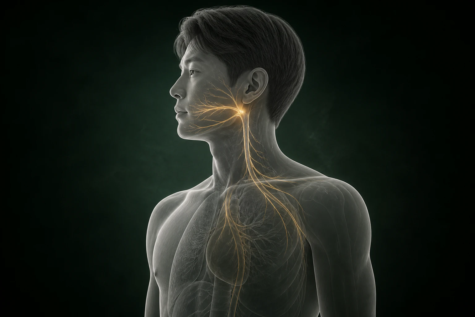 뇌간에서 턱·볼·입술 주변으로 이어지는 감각신경 흐름을 보여 주는 구강궤양 의료 이미지
